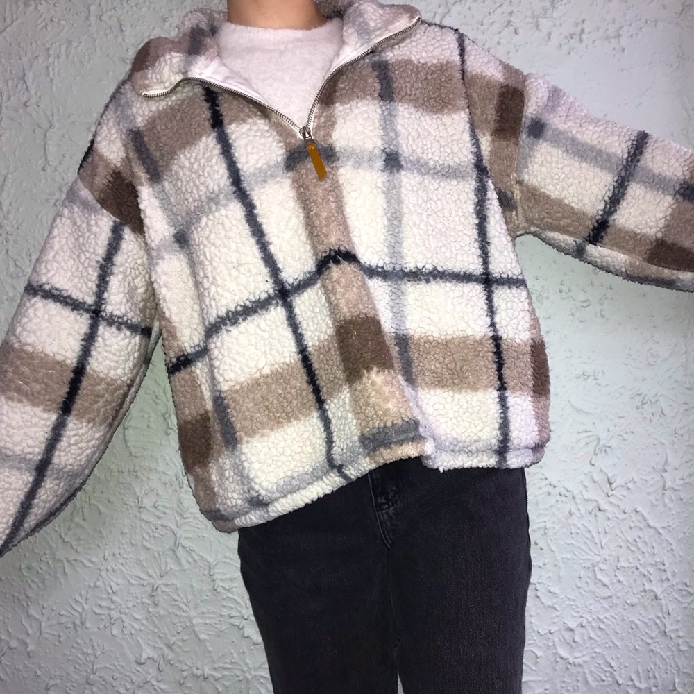 THREAD&SUPPLY White/Brown/Grey Plaid Pull Over Thick Sherpa V-Neck ZipUp…